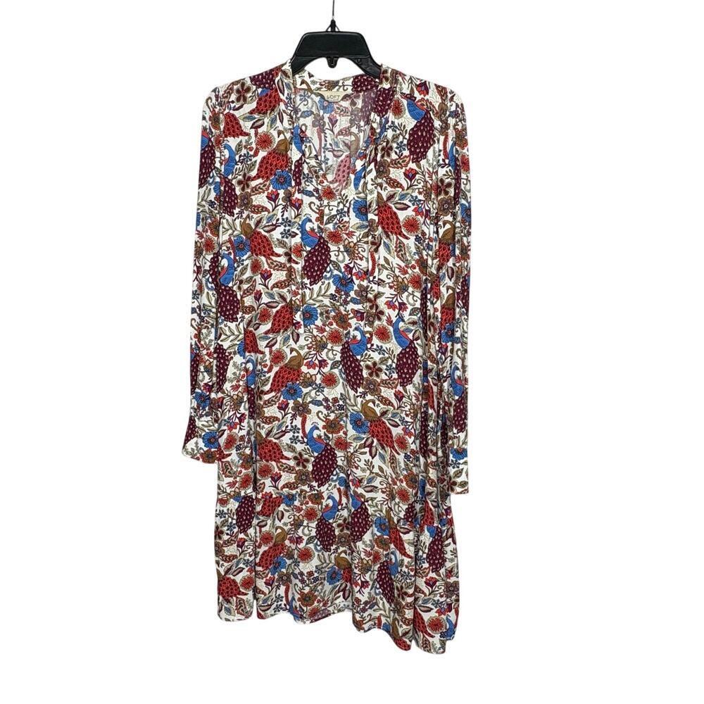 Ann Taylor Loft Bright Floral Peacock Long Sleeve Fun Preppy Dress Size Large